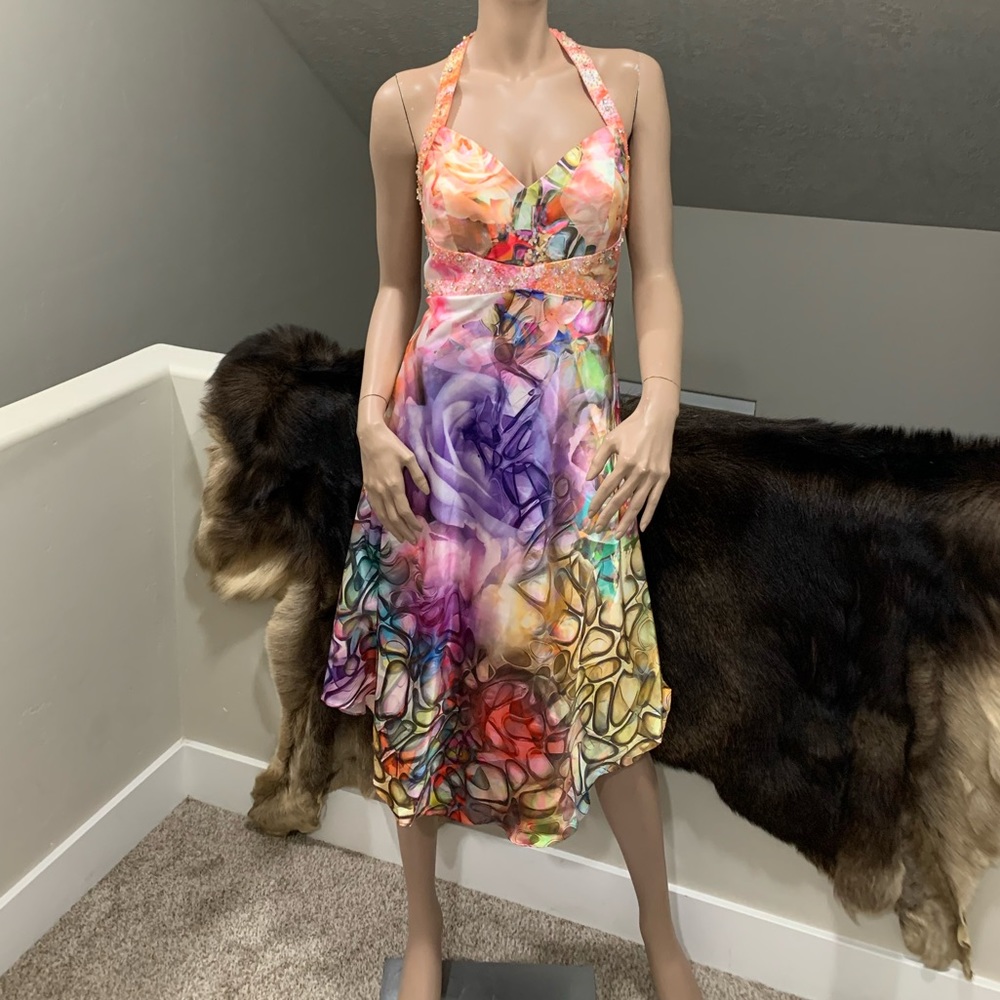 New Floral-Print Satin Halter Beaded Party Dress with Shawl